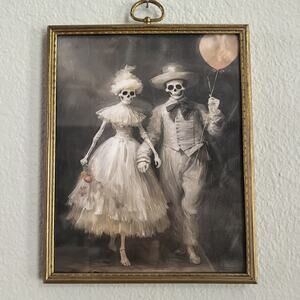 Framed Victorian Skeleton Couple Canvas Print Vtg Brass Frame 8”x10”